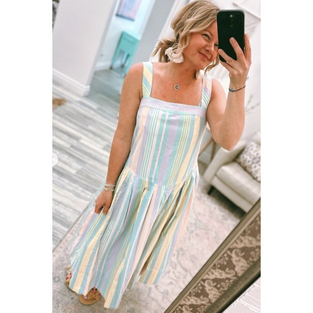 FREE PEOPLE Primavera Stripe Cotton Midi Dress in Pastel Combo Size Medium